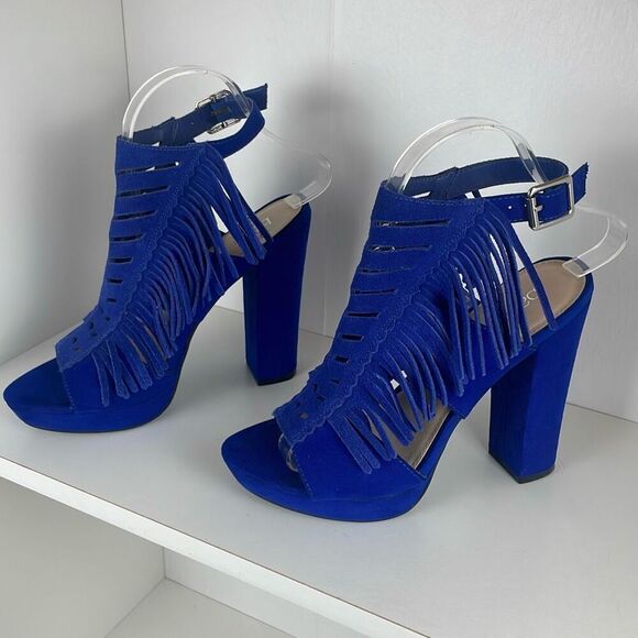 Cobalt Blue Suede Fringe Slingback Platform Sandals 7 - Picture 2 of 13